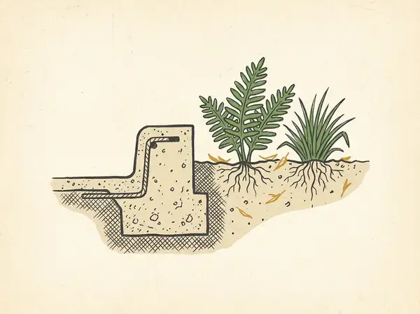 Illustrated cross-section of a poured concrete curb edge meeting a small planting bed with a few illustrated plants.