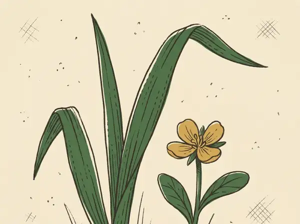Illustrated close-up of grass blades and a small flowering plant, hand-drawn in flat green tones.