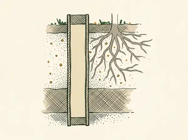 Illustrated cutaway diagram of a vertical root barrier panel installed in soil beside a plant's root system.